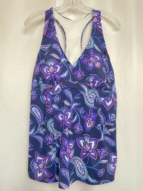 Lands' End Racerback Athletic Floral Swing Tankini Swim Top Coastal Boho 18D
